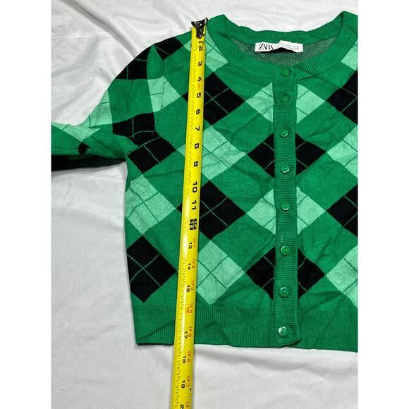 ZARA Green Argyle Cardigan Sweater Button Front Cropped Preppy Y2K Women’s Small - Picture 5 of 7